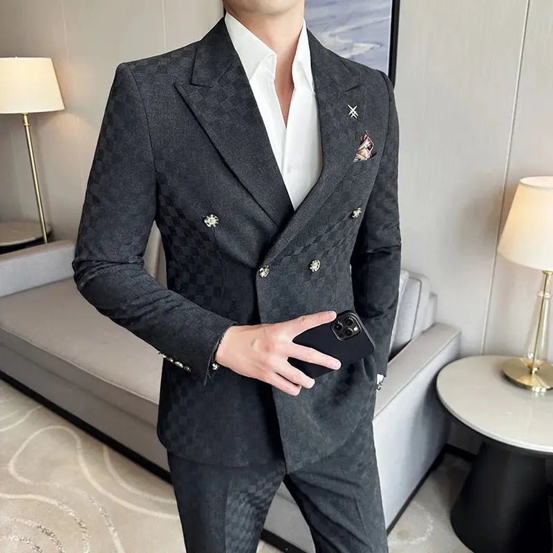 Men’s Luxury Checkered Double - Breasted Suit – Slim Fit 2 - Piece Formal & Business Set (M–5XL) - Honesty Sales