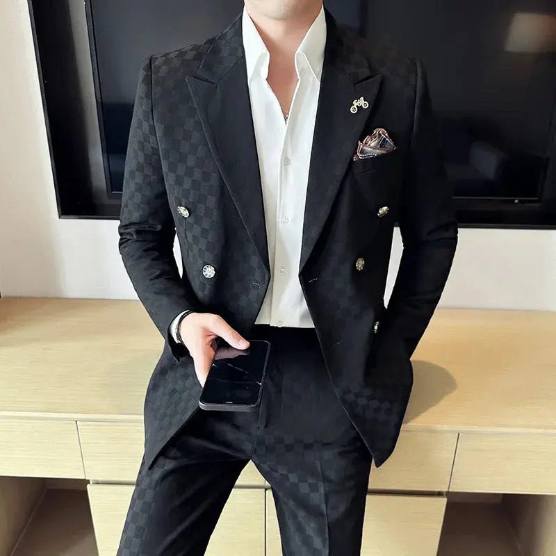 Men’s Luxury Checkered Double - Breasted Suit – Slim Fit 2 - Piece Formal & Business Set (M–5XL) - Honesty Sales