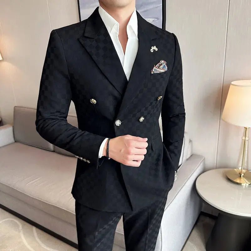 Men’s Luxury Checkered Double - Breasted Suit – Slim Fit 2 - Piece Formal & Business Set (M–5XL) - Honesty Sales