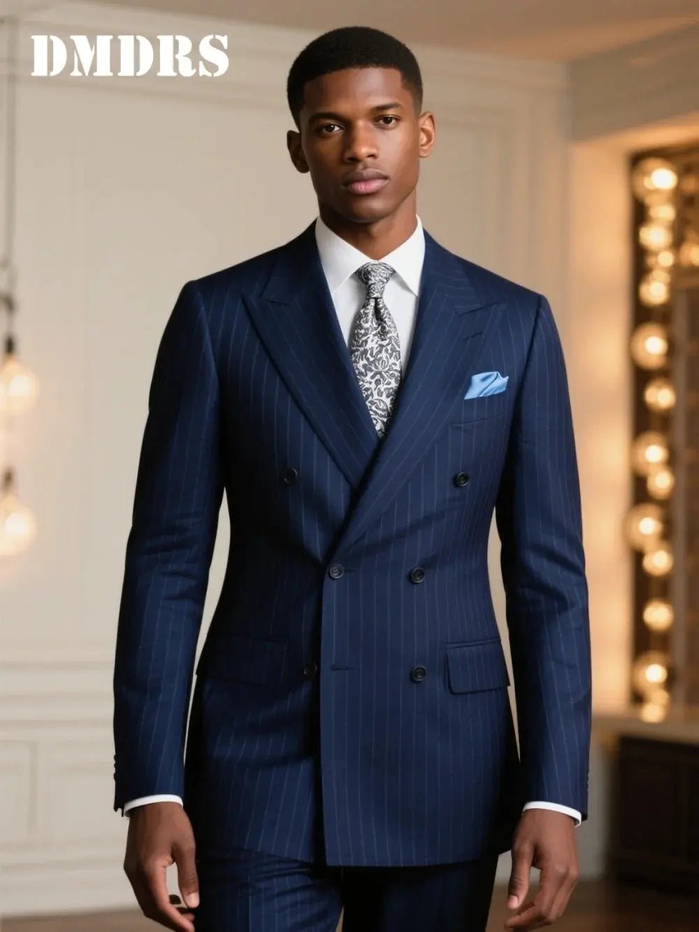 Men’s Navy Blue Pinstripe Double - Breasted Wedding Suit – 2 - Piece Formal Groom Set (Jacket & Trousers) - Honesty Sales