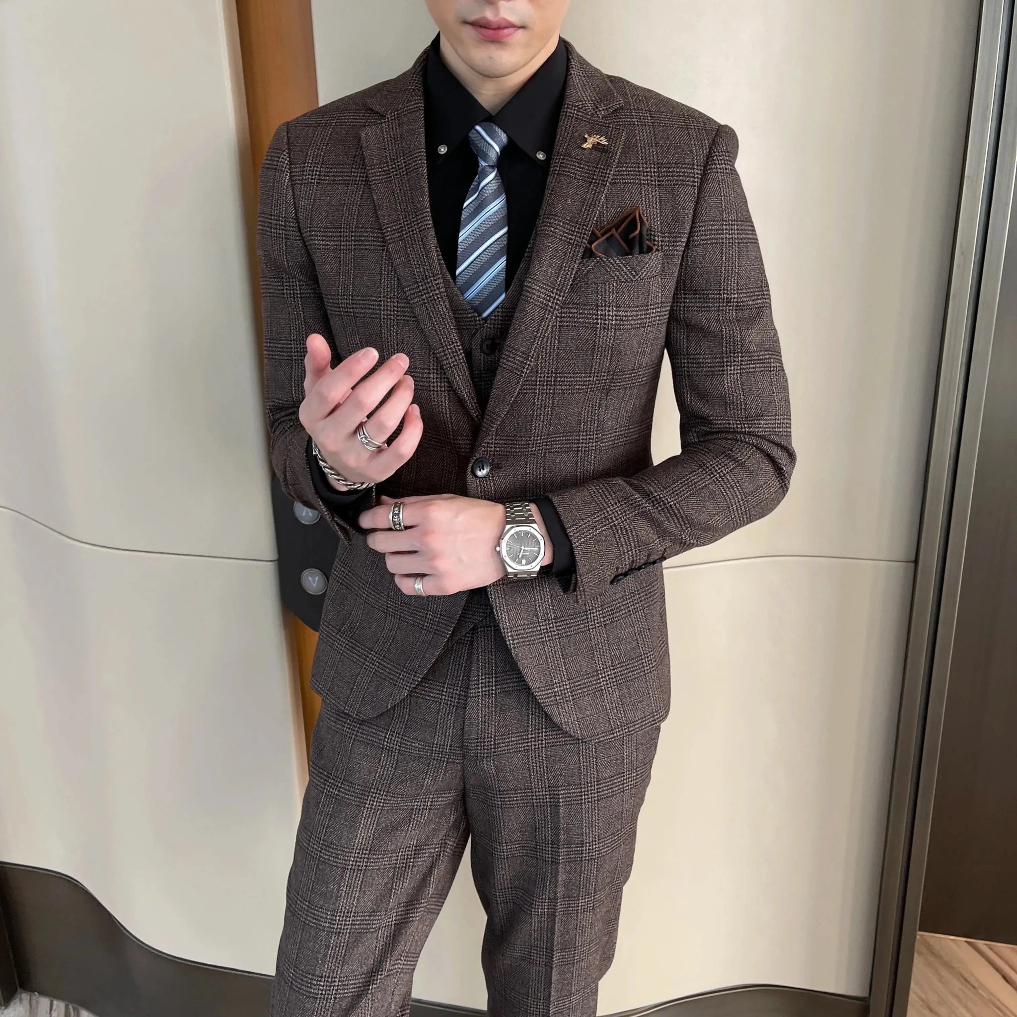 Men’s Plaid 3 - Piece Suit – British Korean Style Vest & Trousers Set - Honesty Sales