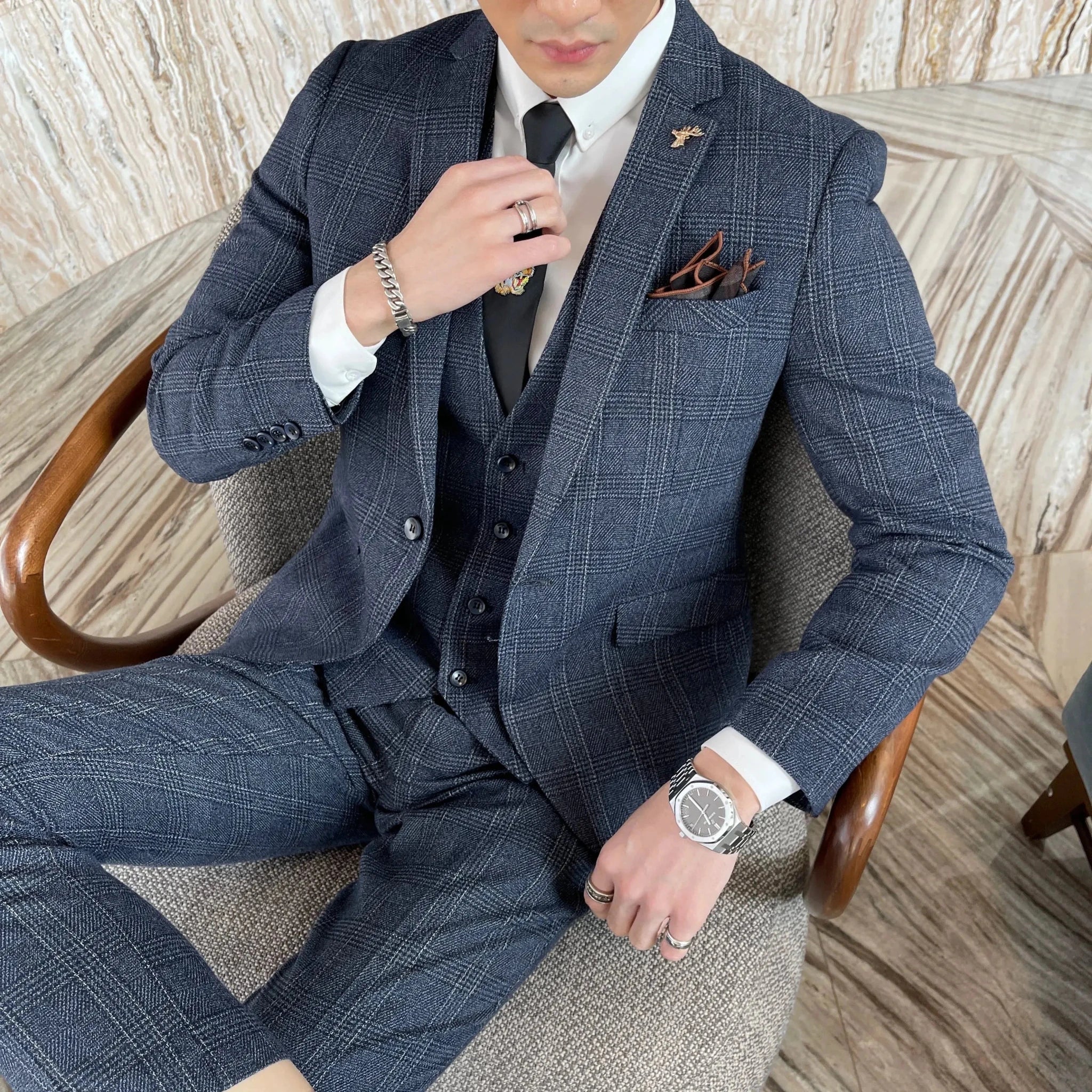 Men’s Plaid 3 - Piece Suit – British Korean Style Vest & Trousers Set - Honesty Sales