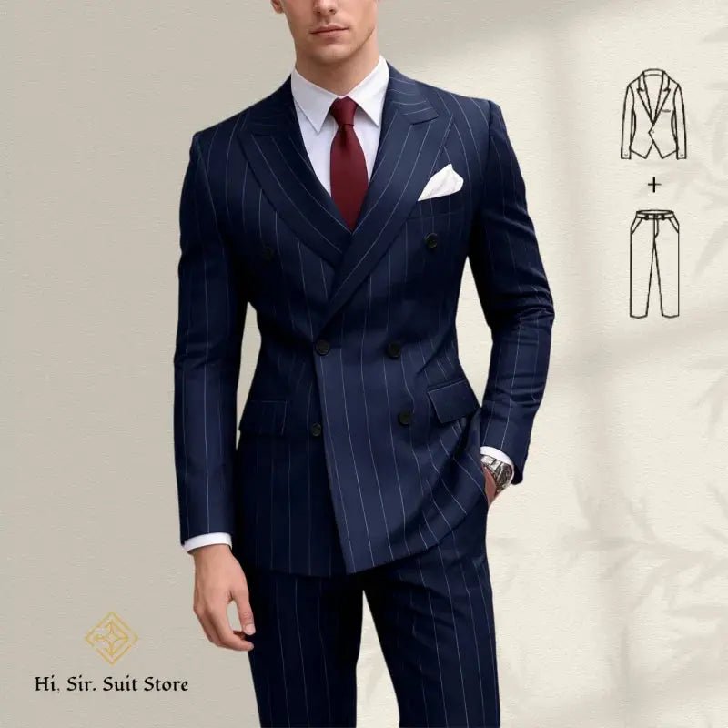 Men’s Plus Size Blue Striped Double - Breasted Suit – 2 - Piece Blazer Set (European & American Style) - Honesty Sales