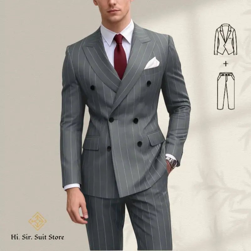 Men’s Plus Size Blue Striped Double - Breasted Suit – 2 - Piece Blazer Set (European & American Style) - Honesty Sales