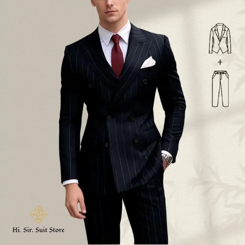 Men’s Plus Size Blue Striped Double - Breasted Suit – 2 - Piece Blazer Set (European & American Style) - Honesty Sales