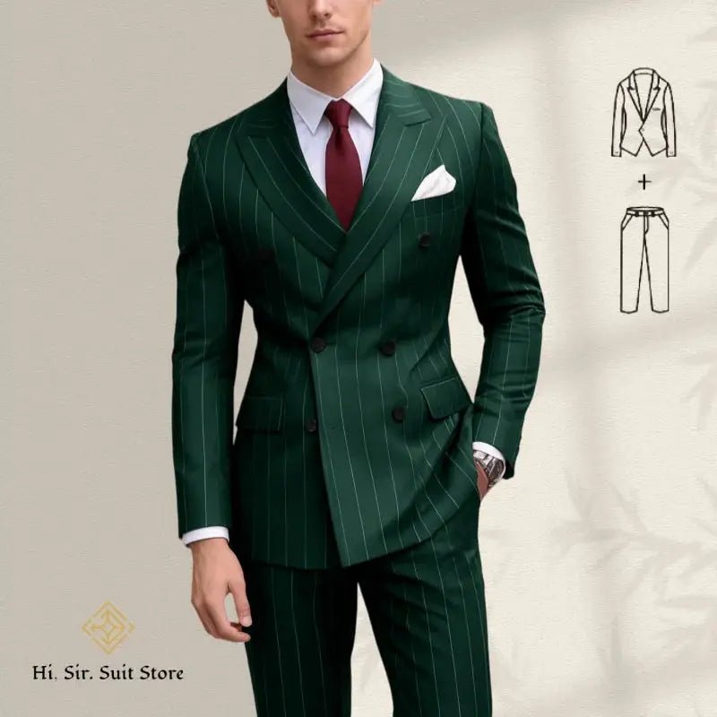 Men’s Plus Size Blue Striped Double - Breasted Suit – 2 - Piece Blazer Set (European & American Style) - Honesty Sales