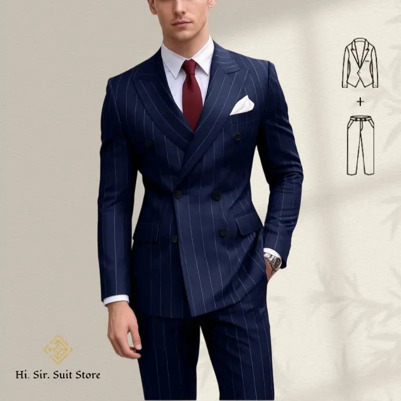 Men’s Plus Size Blue Striped Double - Breasted Suit – 2 - Piece Blazer Set (European & American Style) - Honesty Sales