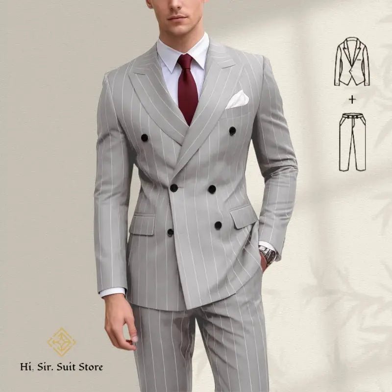 Men’s Plus Size Blue Striped Double - Breasted Suit – 2 - Piece Blazer Set (European & American Style) - Honesty Sales