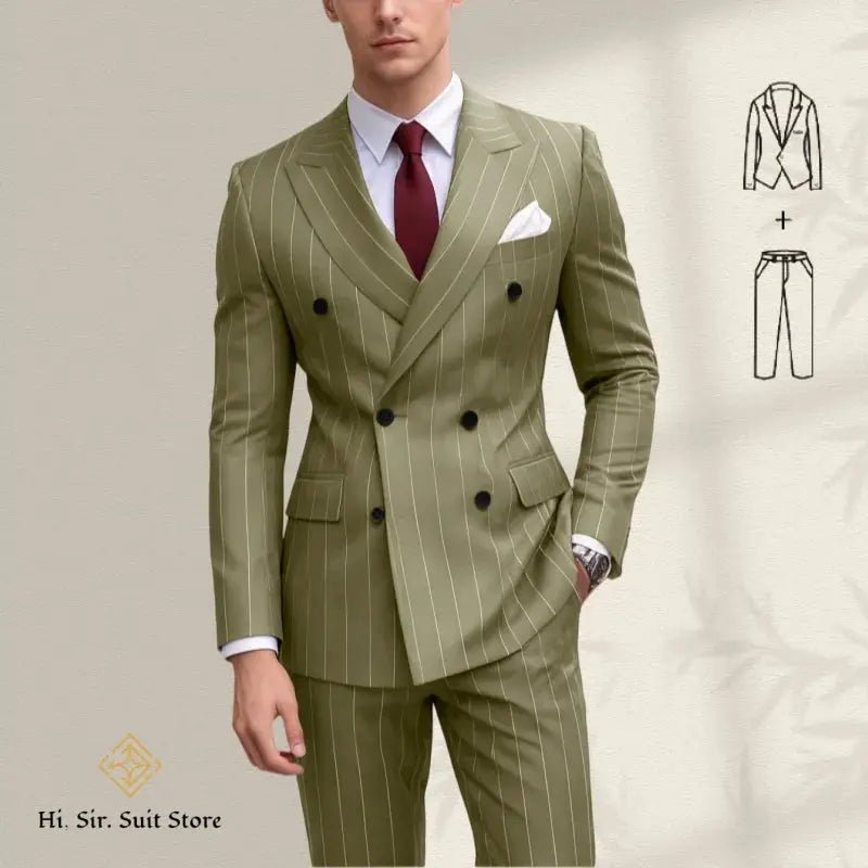 Men’s Plus Size Blue Striped Double - Breasted Suit – 2 - Piece Blazer Set (European & American Style) - Honesty Sales
