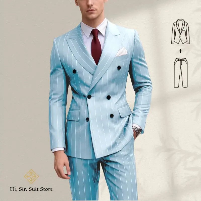 Men’s Plus Size Blue Striped Double - Breasted Suit – 2 - Piece Blazer Set (European & American Style) - Honesty Sales