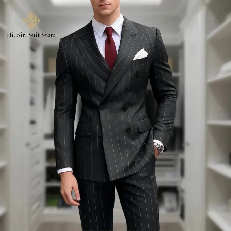 Men’s Plus Size Blue Striped Double - Breasted Suit – 2 - Piece Blazer Set (European & American Style) - Honesty Sales