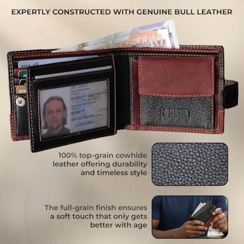 Men’s RFID Blocking Genuine Leather Slim Bifold Wallet – 8 Card Slots, ID Window & Coin Pocket (Model M75) - Honesty Sales