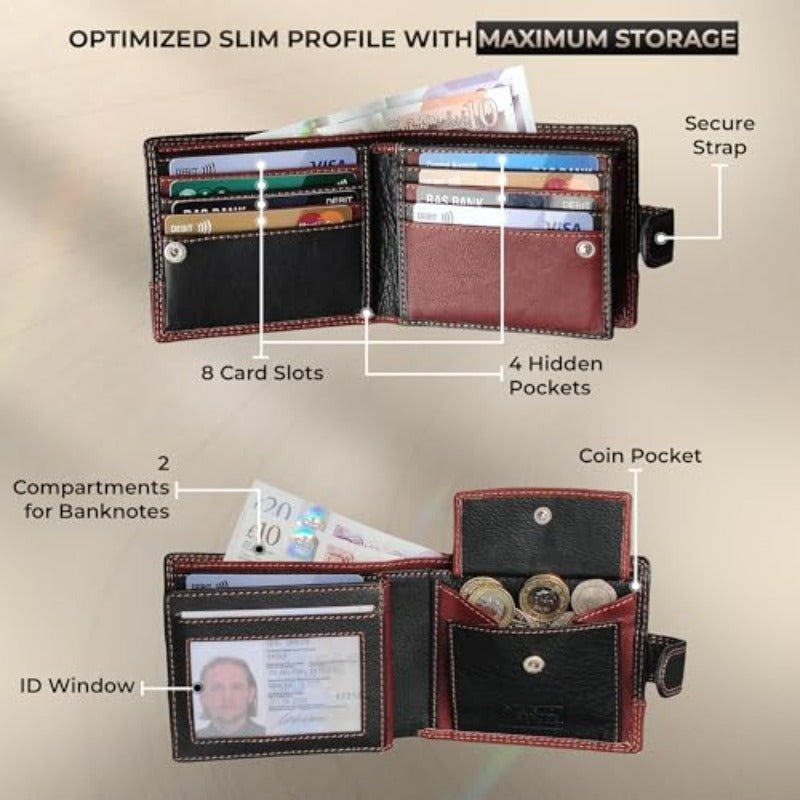 Men’s RFID Blocking Genuine Leather Slim Bifold Wallet – 8 Card Slots, ID Window & Coin Pocket (Model M75) - Honesty Sales