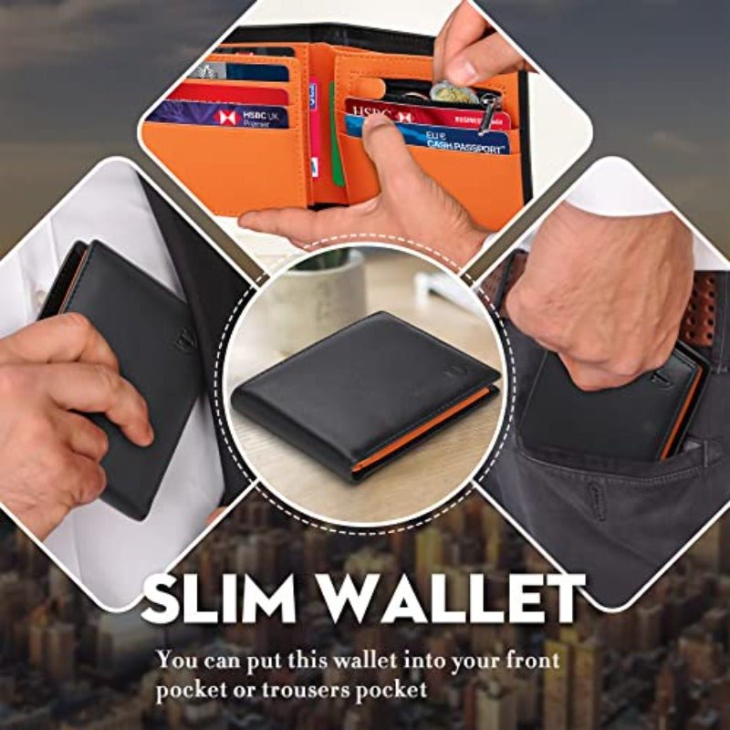Men’s Slim Genuine Leather RFID Wallet – 11 Card Slots, Zipped Coin Pocket, Cash Compartments, Ultra - Thin Minimalist (Black & Orange) - Honesty Sales