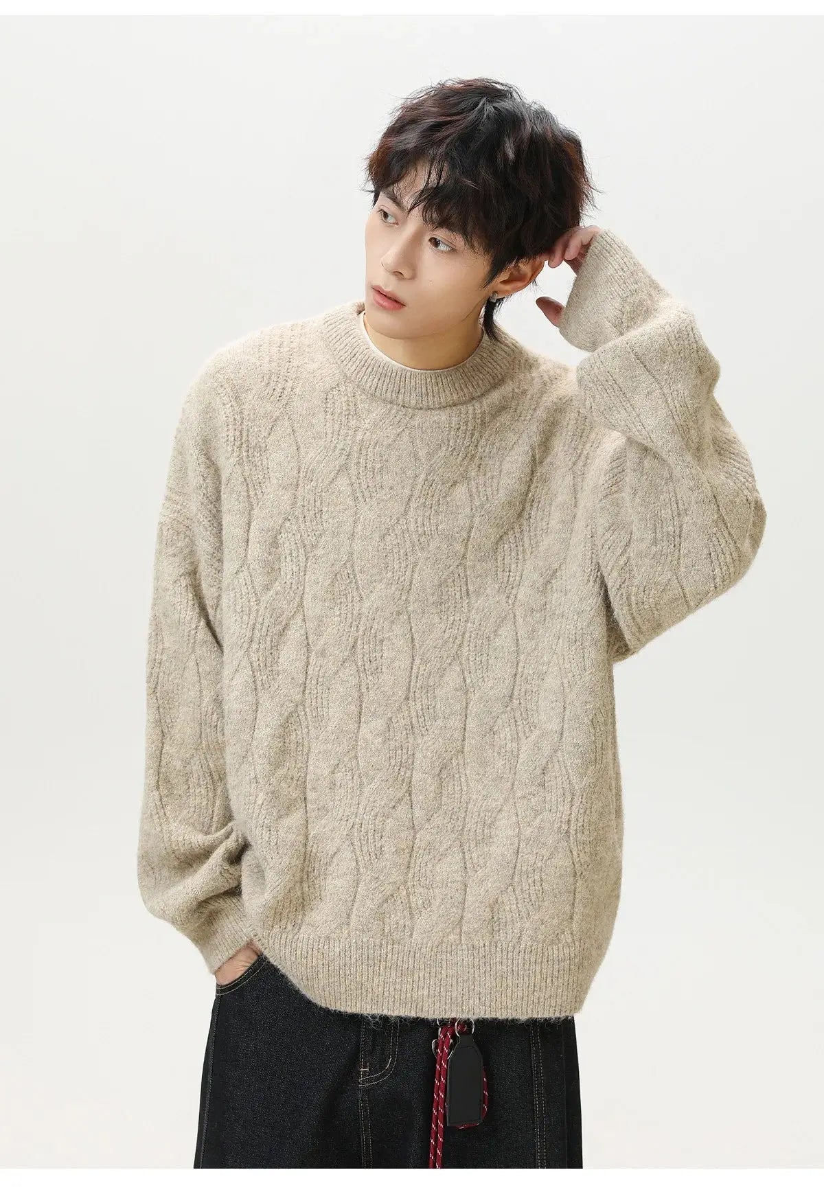 Men’s Thick Mohair Crew Neck Sweater – Autumn/Winter Oversized Knitwear - Honesty Sales