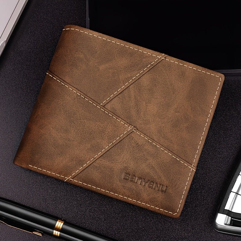 Men’s Ultra - Thin Faux Leather Wallet – Vintage Brown Double - Fold with Geometric Pattern, Compact & Stylish - Honesty Sales