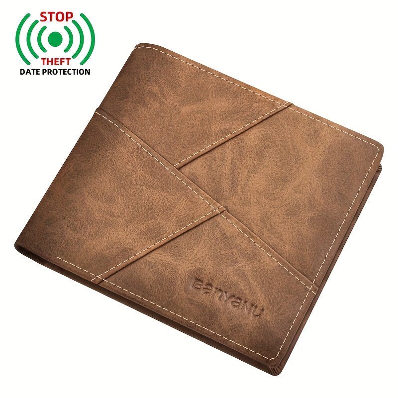 Men’s Ultra - Thin Faux Leather Wallet – Vintage Brown Double - Fold with Geometric Pattern, Compact & Stylish - Honesty Sales