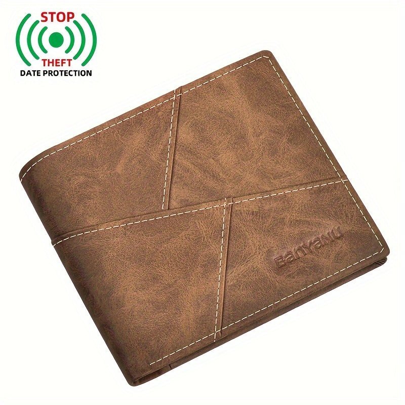 Men’s Ultra - Thin Faux Leather Wallet – Vintage Brown Double - Fold with Geometric Pattern, Compact & Stylish - Honesty Sales