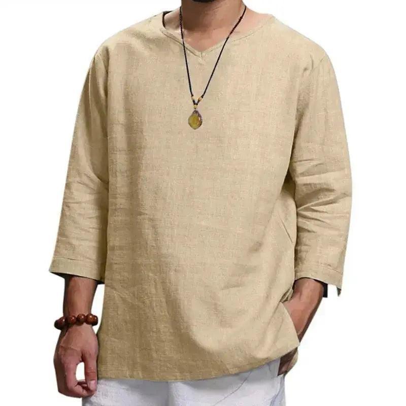 Men's V-Neck T-Shirt - Men's Cotton Linin Breathable Solid Colour Light Blue V-Neck T-Shirt - Honesty Sales