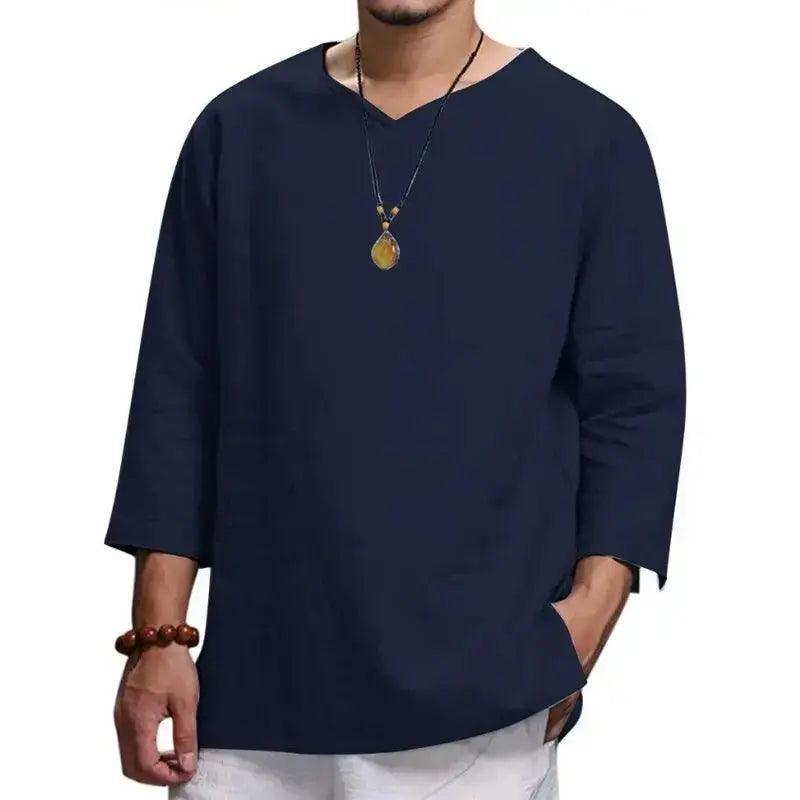 Men's V-Neck T-Shirt - Men's Cotton Linin Breathable Solid Colour Light Blue V-Neck T-Shirt - Honesty Sales