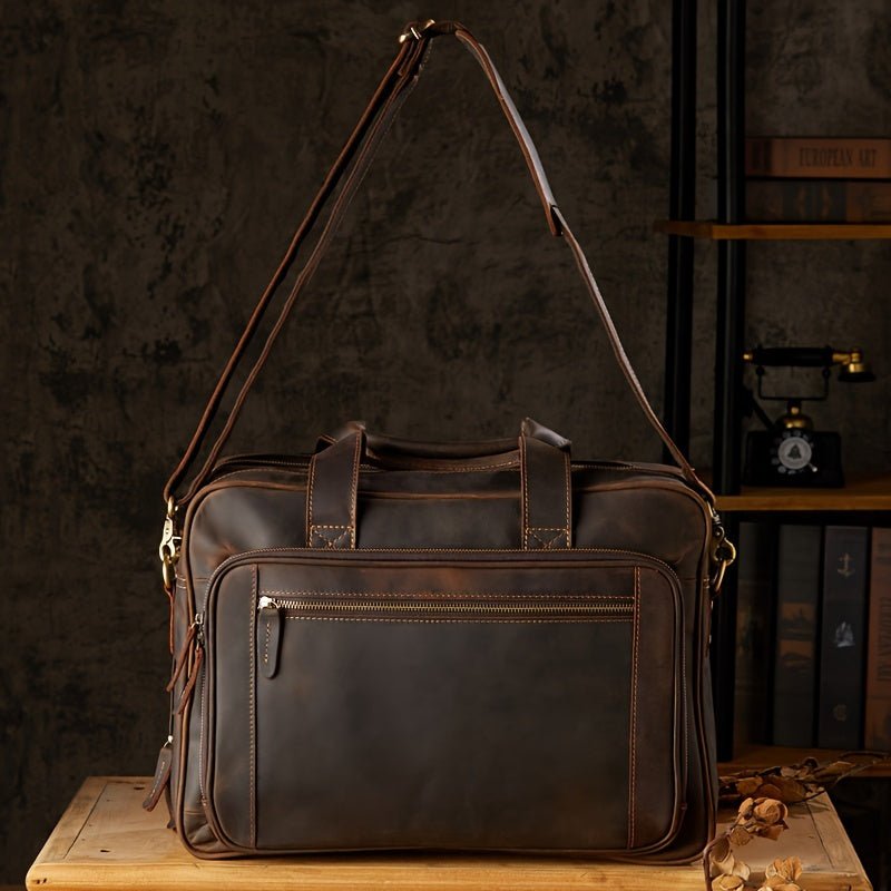 Men’s Vintage Crazy Horse Leather Briefcase – Large - Capacity Genuine Leather Laptop Handbag - Honesty Sales