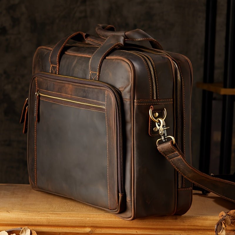 Men’s Vintage Crazy Horse Leather Briefcase – Large - Capacity Genuine Leather Laptop Handbag - Honesty Sales