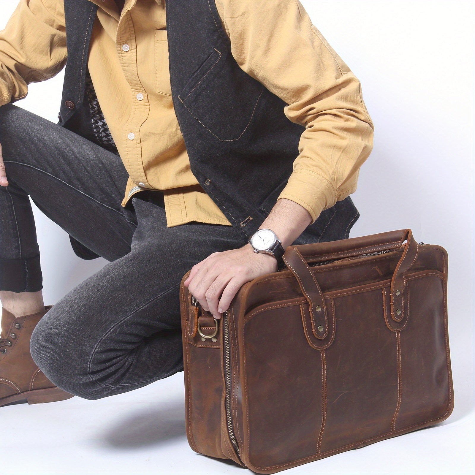 Men’s Vintage Genuine Leather Briefcase – 40.6cm Laptop Messenger Bag with Adjustable Strap - Honesty Sales