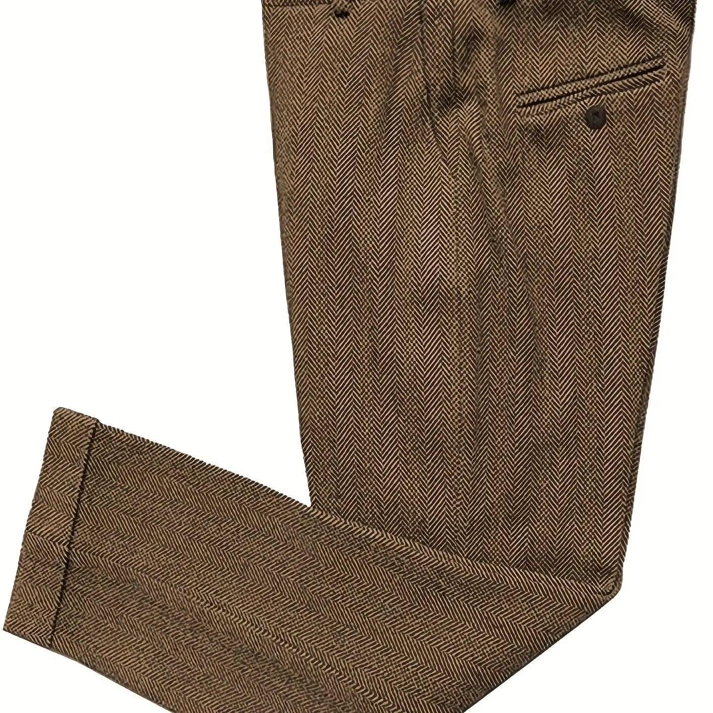 Men’s Vintage Herringbone Tweed Dress Trousers – Wide - Leg Winter Pants - Honesty Sales