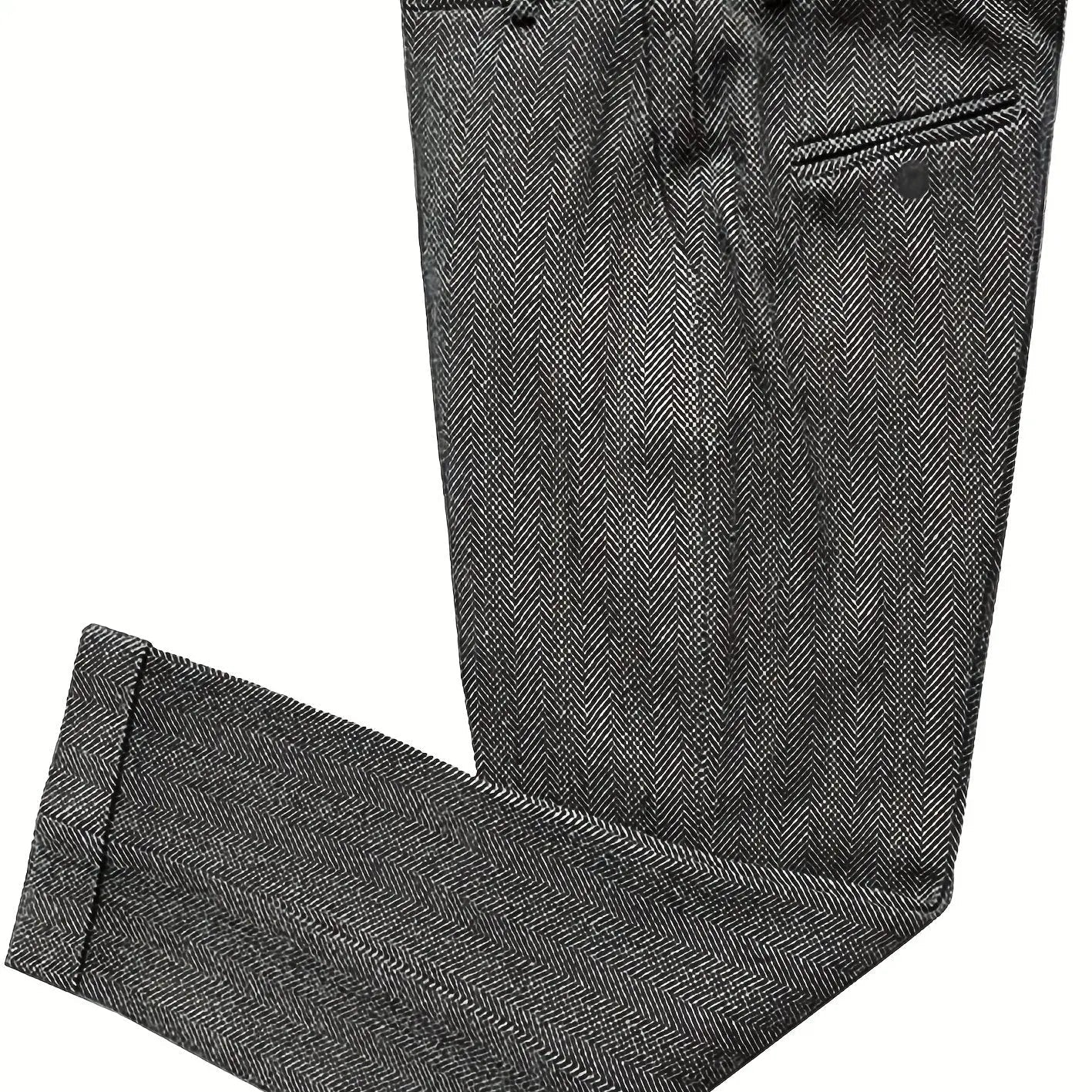 Men’s Vintage Herringbone Tweed Dress Trousers – Wide - Leg Winter Pants - Honesty Sales