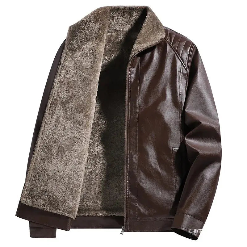 Men’s Vintage Leather Jacket – Fleece Lined, Turn - Down Collar, Winter Coat - Honesty Sales