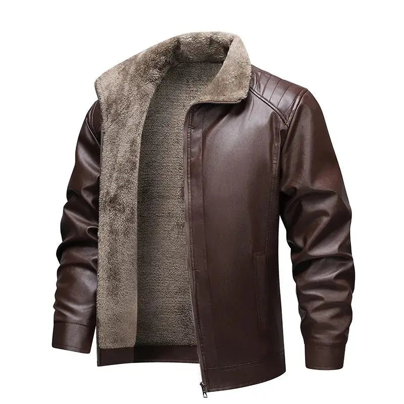 Men’s Vintage Leather Jacket – Fleece Lined, Turn - Down Collar, Winter Coat - Honesty Sales