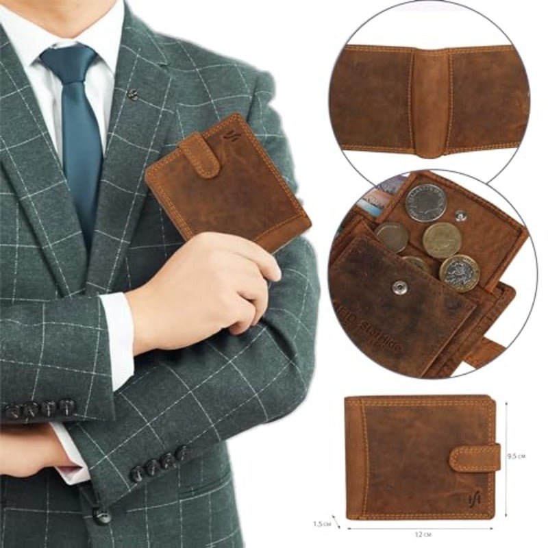 Men’s Vintage RFID Blocking Wallet – Full - Grain Leather Bifold with Card Holder, ID Window & Coin Pocket (Brown 1065, Gift Boxed) - Honesty Sales