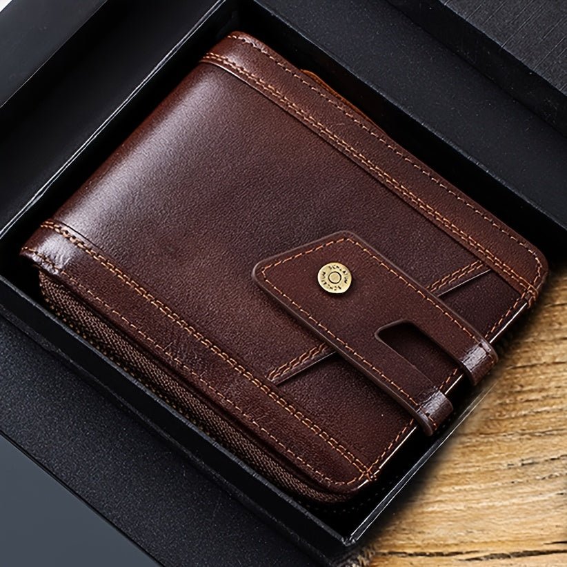 Men’s Vintage Top - Grain Cowhide Leather Wallet – Multi - Functional Zipper Coin & Card Holder, Large - Capacity Clutch Bag - Honesty Sales