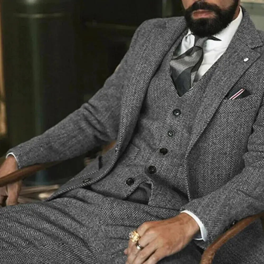 Men's Winter Tweed Wool Grey Slim Fit Formal Wedding Terno Fishbone 3 Piece Smoking Suit Male Ternos Ca - Honesty Sales