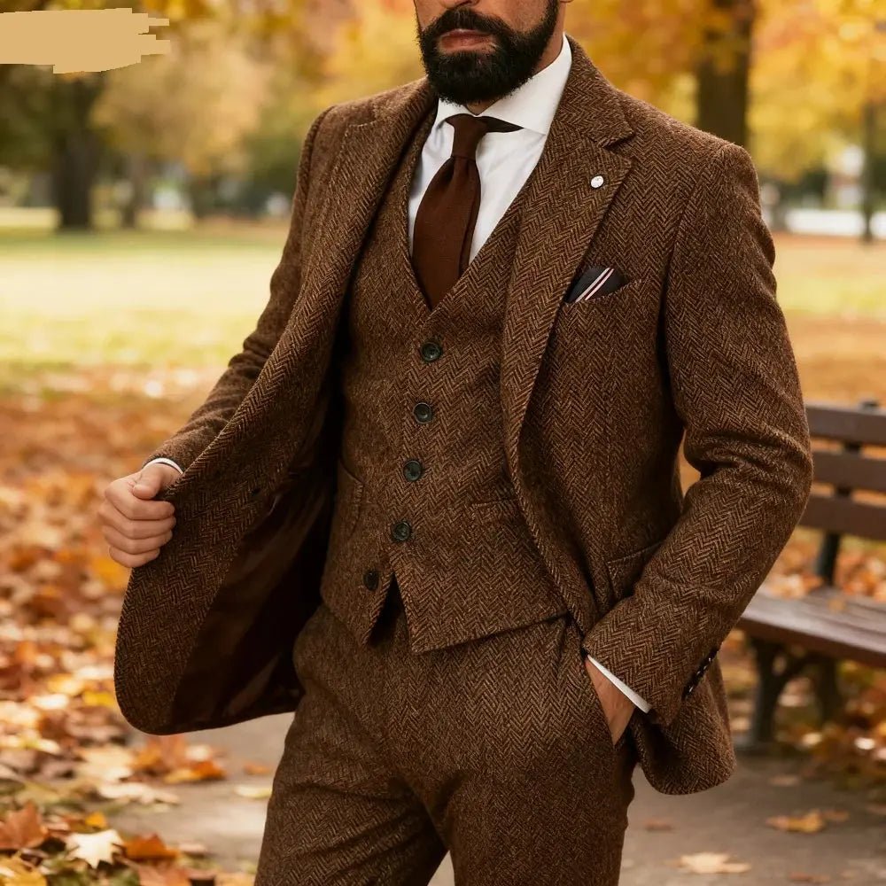 Men's Winter Tweed Wool Grey Slim Fit Formal Wedding Terno Fishbone 3 Piece Smoking Suit Male Ternos Ca - Honesty Sales