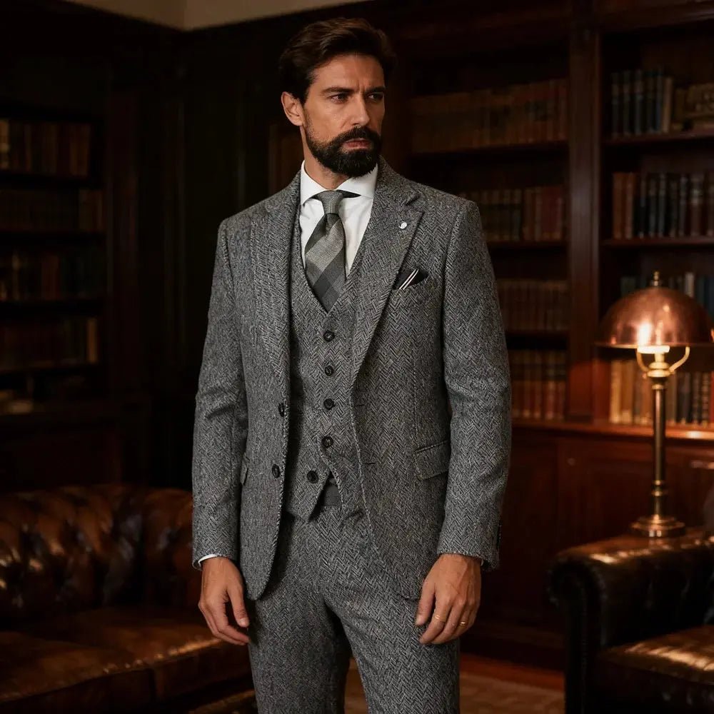 Men's Winter Tweed Wool Grey Slim Fit Formal Wedding Terno Fishbone 3 Piece Smoking Suit Male Ternos Ca - Honesty Sales