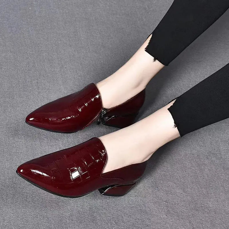 New Genuine Leather Pointed - toe Chunky Heel Shoes Women - Honesty Sales