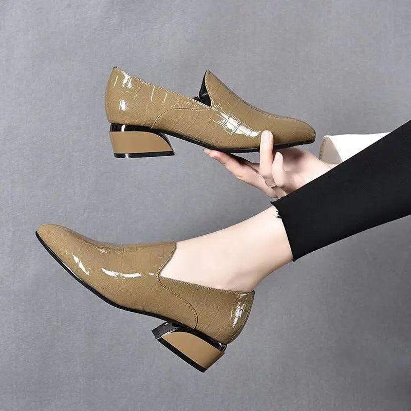 New Genuine Leather Pointed - toe Chunky Heel Shoes Women - Honesty Sales