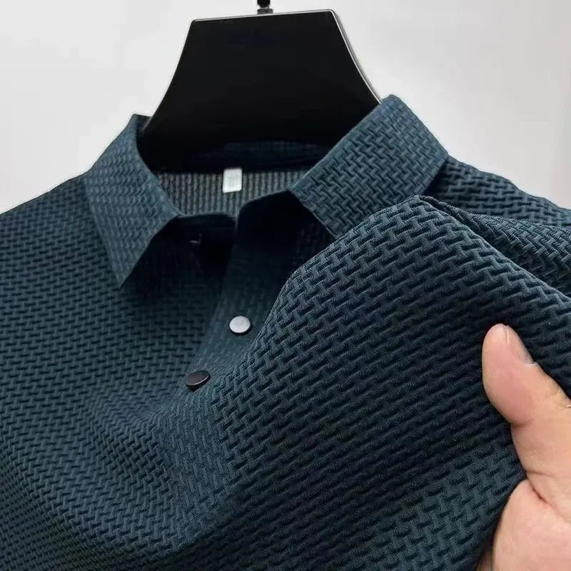 New Men’s Business Casual Short Sleeve Polo Shirt – Bone Flower Solid Color, Breathable & Comfortable Summer Top - Honesty Sales