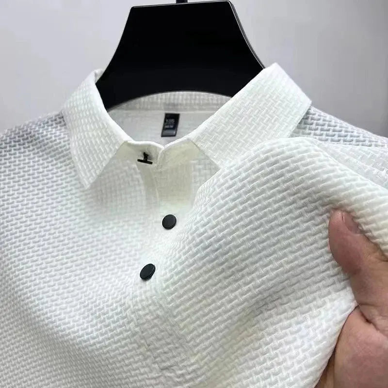 New Men’s Business Casual Short Sleeve Polo Shirt – Bone Flower Solid Color, Breathable & Comfortable Summer Top - Honesty Sales