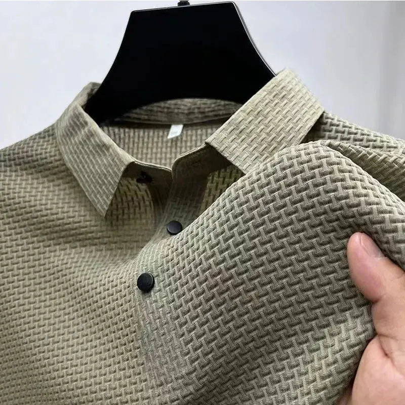 New Men’s Business Casual Short Sleeve Polo Shirt – Bone Flower Solid Color, Breathable & Comfortable Summer Top - Honesty Sales