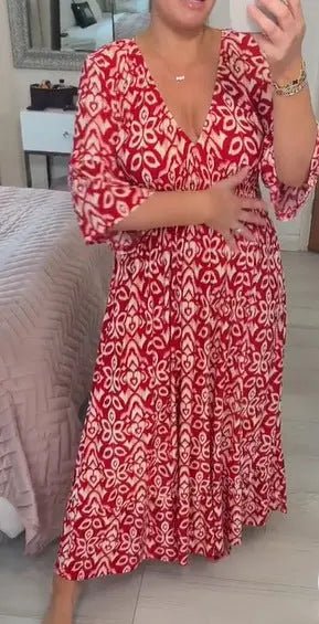 New Plus Size Super Fairy V - neck Floral Dress For Beach Vacation, Loose Long Skirt - Honesty Sales