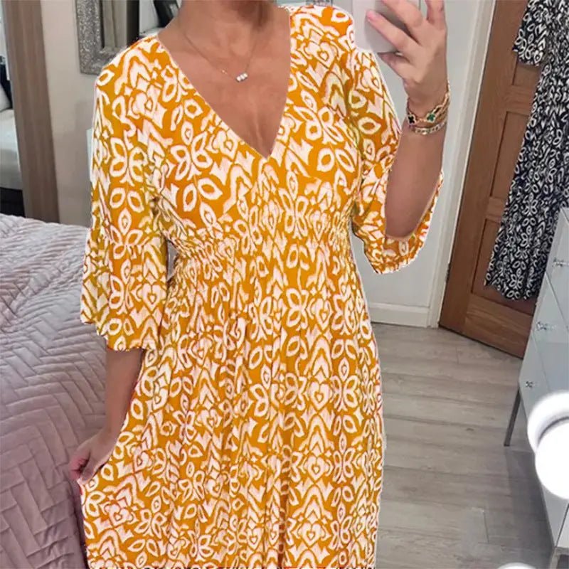 New Plus Size Super Fairy V - neck Floral Dress For Beach Vacation, Loose Long Skirt - Honesty Sales