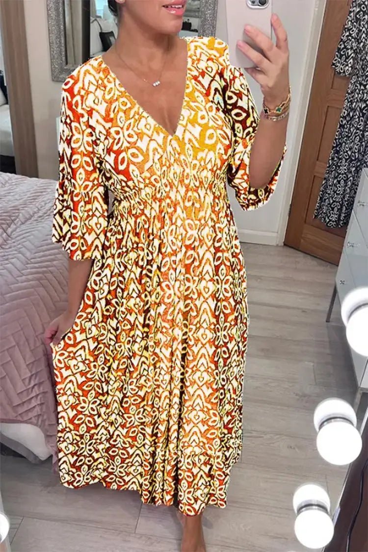 New Plus Size Super Fairy V - neck Floral Dress For Beach Vacation, Loose Long Skirt - Honesty Sales
