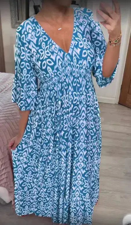 New Plus Size Super Fairy V - neck Floral Dress For Beach Vacation, Loose Long Skirt - Honesty Sales