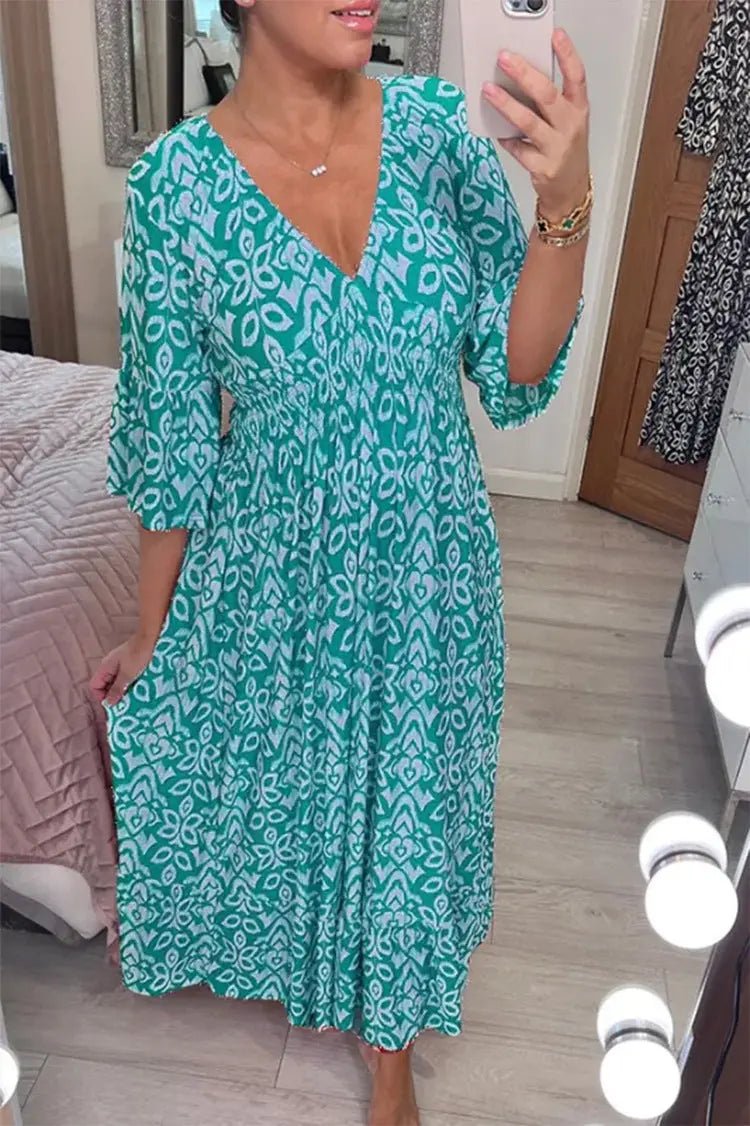 New Plus Size Super Fairy V - neck Floral Dress For Beach Vacation, Loose Long Skirt - Honesty Sales
