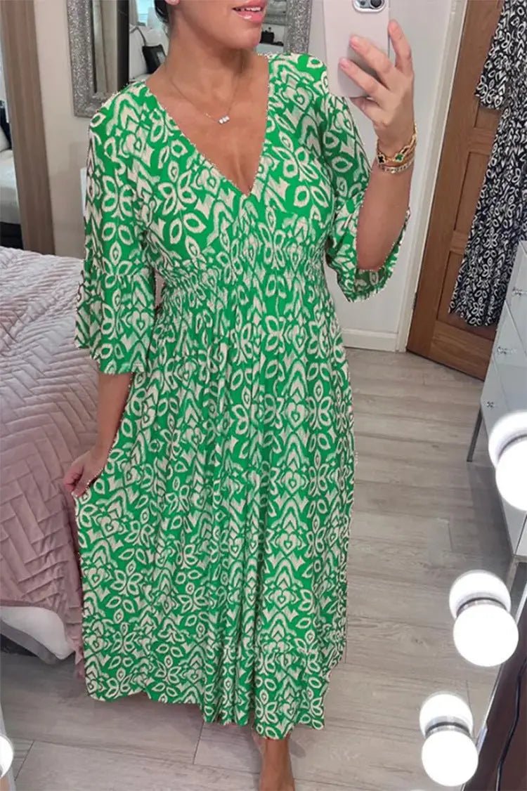 New Plus Size Super Fairy V - neck Floral Dress For Beach Vacation, Loose Long Skirt - Honesty Sales