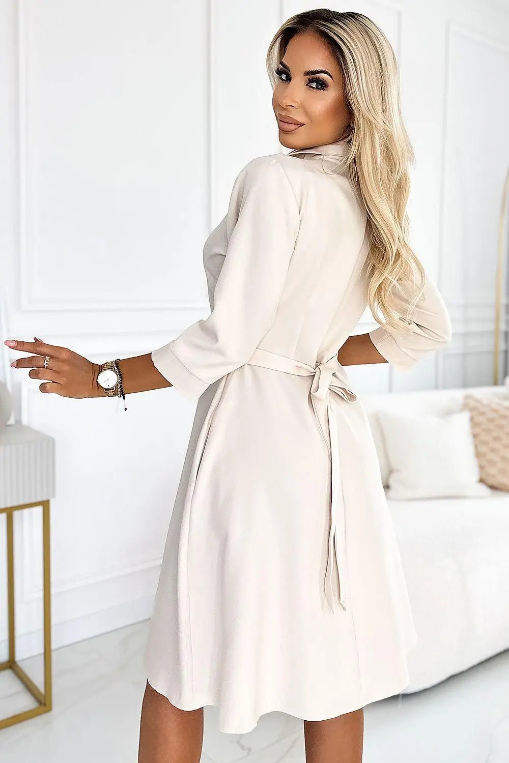 Numoco beige color shirred flared dress - Honesty Sales