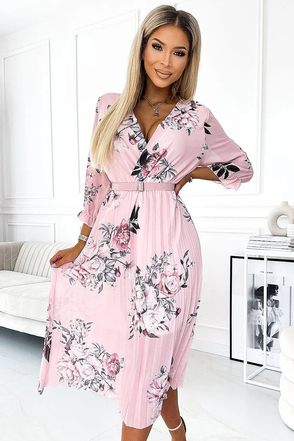 Numoco chiffon pleated midi cocktail dress with neckline and belt - Honesty Sales