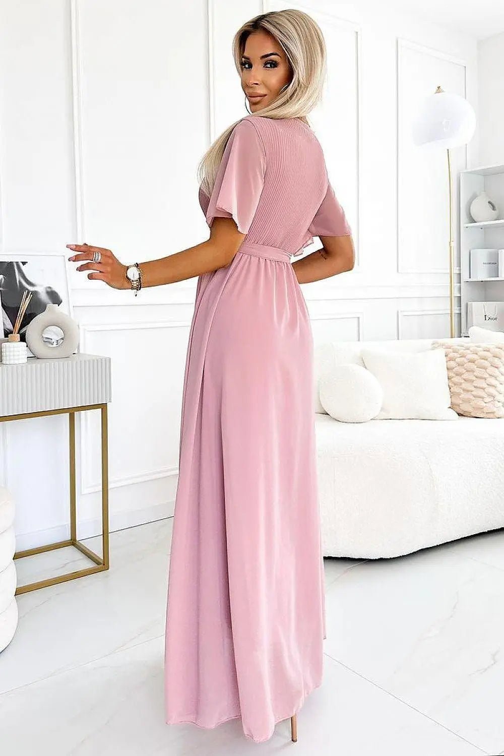 Numoco long chiffon cocktail dress with pleated neckline, tie and short sleeve - Honesty Sales
